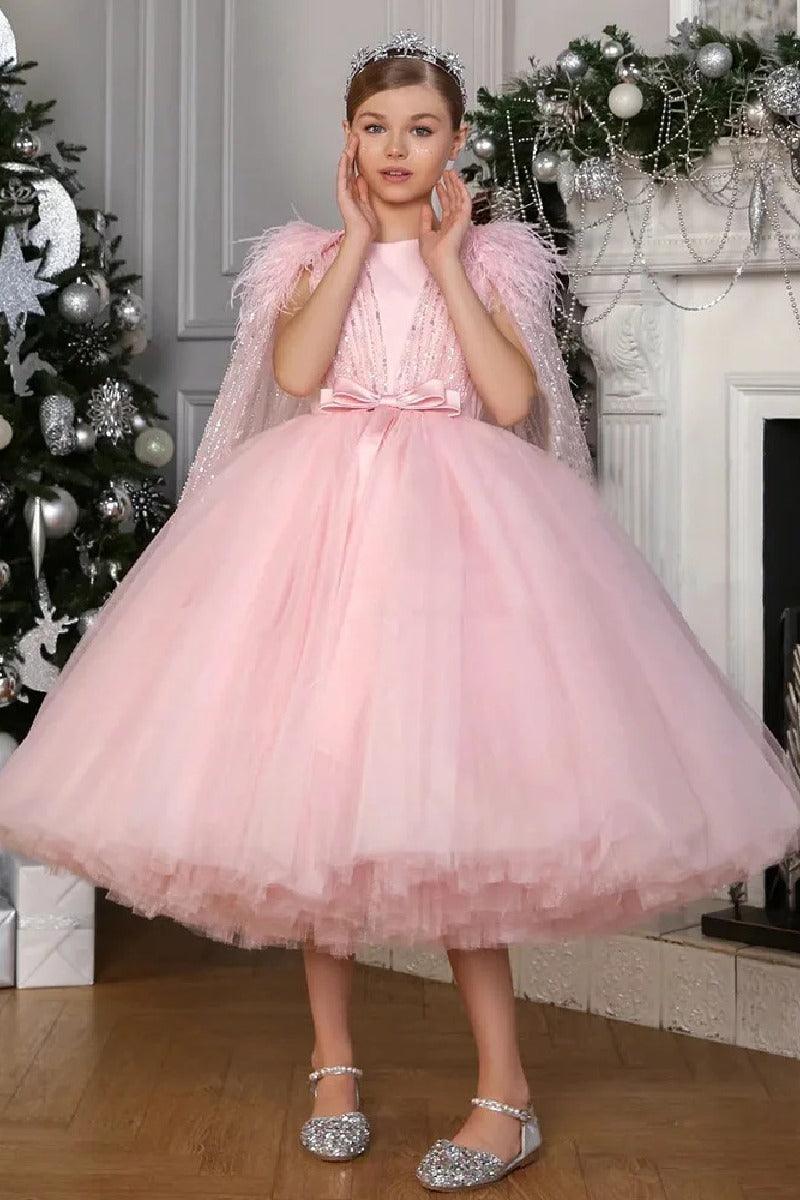 Ball Gown Feather Glitter Tulle Cape Tea Length Flower Girl Dresses 896082942099 - 7 Days / As Picture / 2 - COCOMELODY